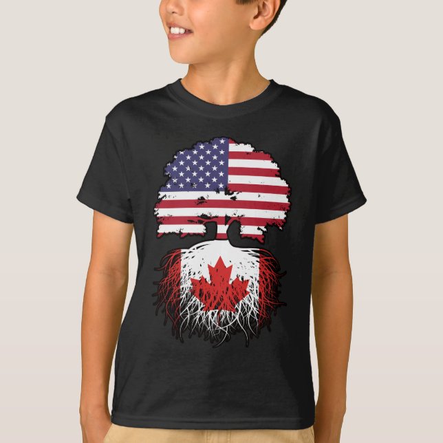 Canada Canadian American USA Tree Roots Flag T-Shirt (Front)