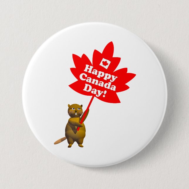 Canada Day Beaver and Maple Leaf Pinback Button (Front)