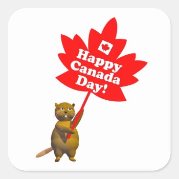 Canada Day Beaver And Maple Leaf Square Sticker by canadianpeer at Zazzle