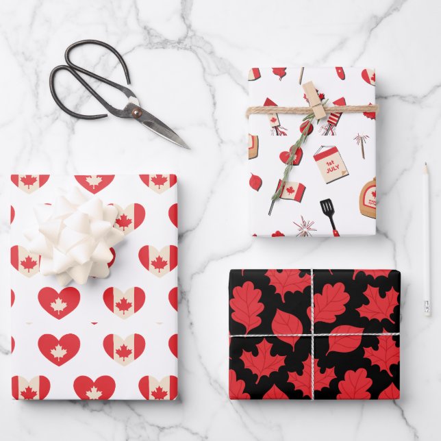Canada Day July 1st Maple Leaf, Hearts Wrapping Paper Sheets (Front)