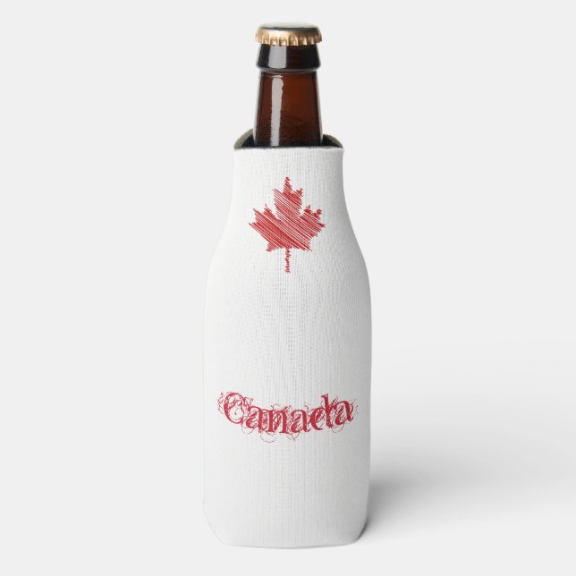 Canada Day maple leaf red & white flag Bottle Cooler (Bottle Front)