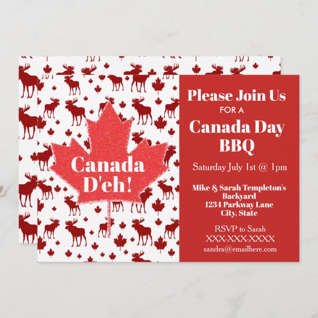 Canada Day Party Invitations Moose and Maple Leaf (Front/Back)