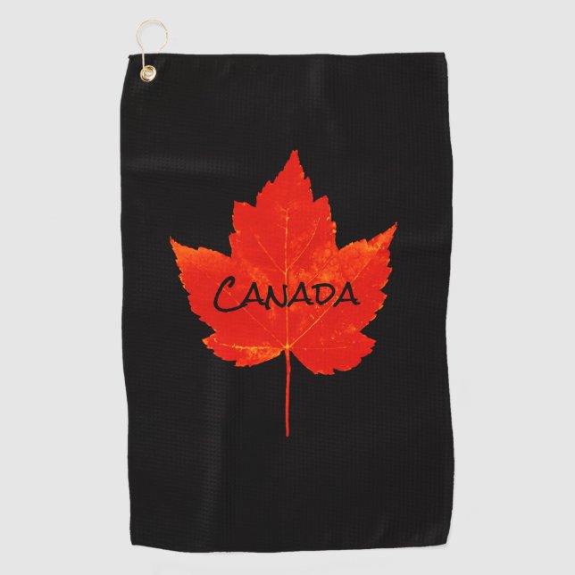 Canada Day Red Black Maple Leaf Golf Towel (Front)