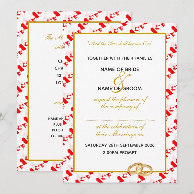 CANADA Faux Gold Trim Personalized Wedding Invitation (Front/Back)
