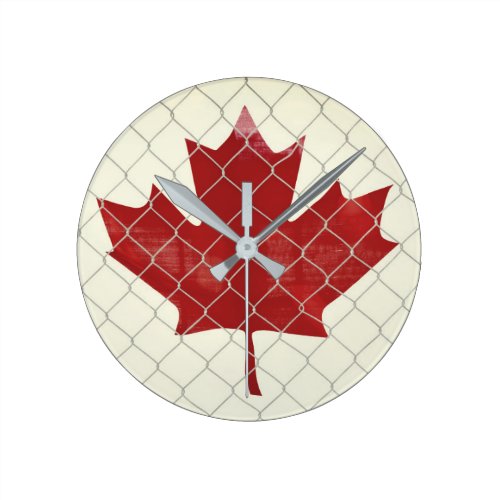 Canada Flag. Chain Link Fence. Rustic. Cool. Round Clock