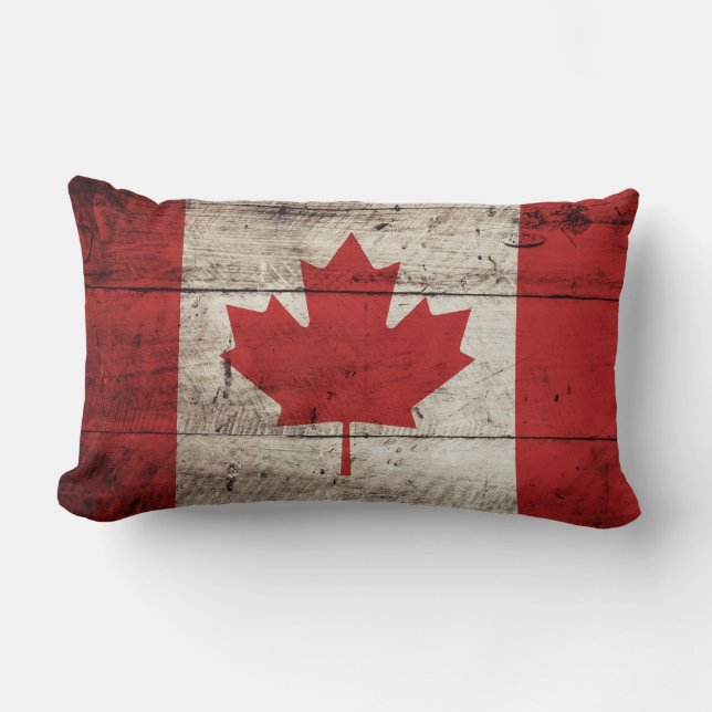 Canada Flag on Old Wood Grain Lumbar Pillow (Front)
