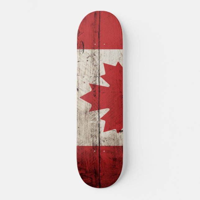 Canada Flag on Old Wood Grain Skateboard (Front)