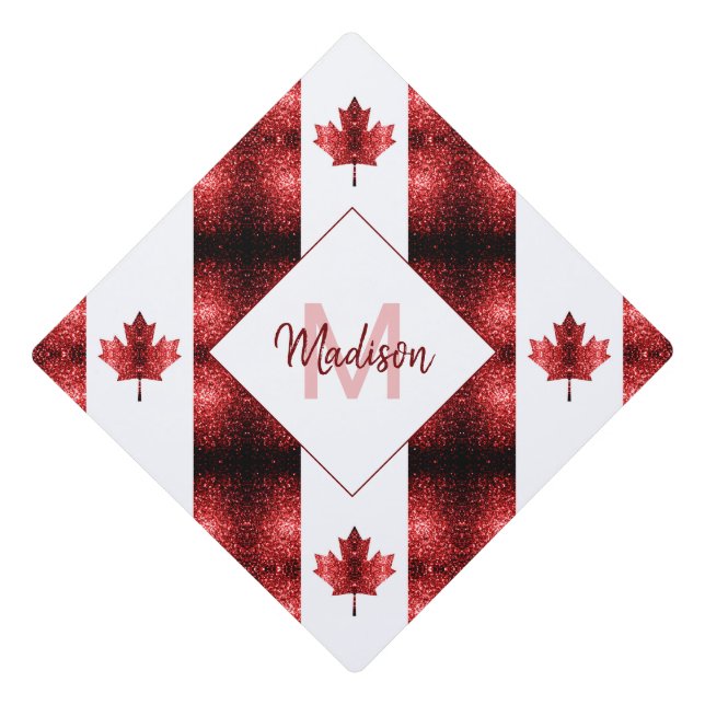 Canada flag red sparkles pattern Monogram Graduation Cap Topper (Front)