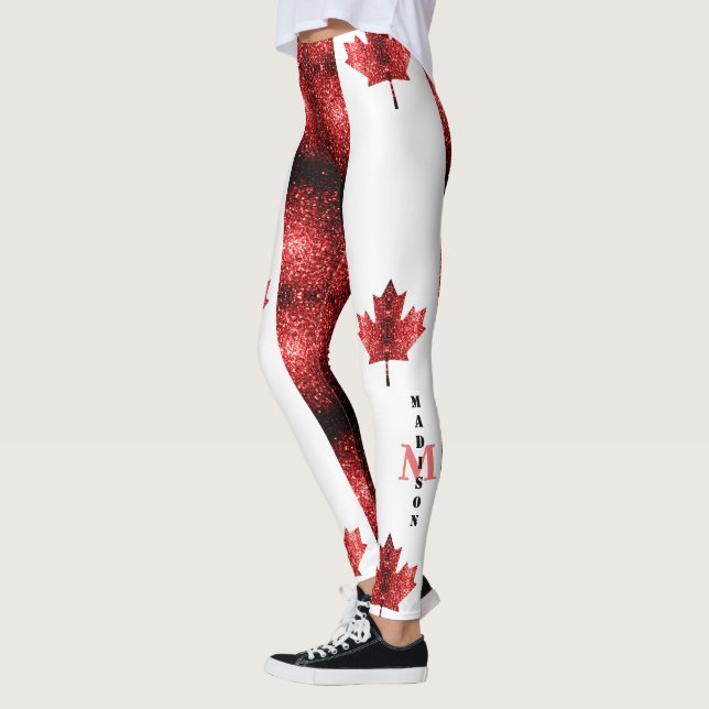 Canada flag red sparkles pattern Monogram Leggings (Left)