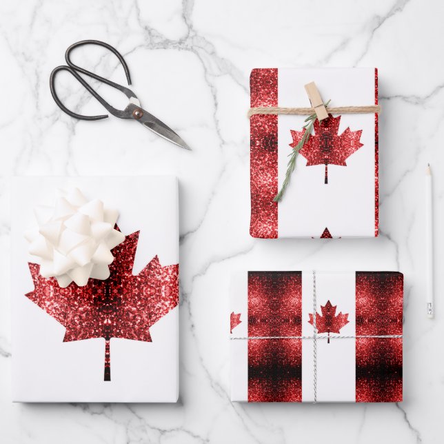 Canada flag red sparkles pattern wrapping paper sheets (Front)