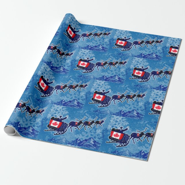 Canada flag Santa sleigh Christmas wrapping paper (Unrolled)
