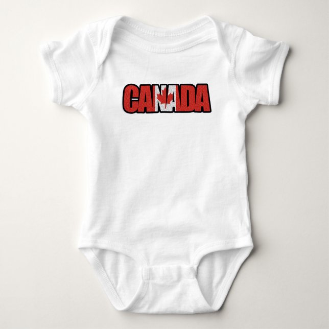 Canada Flag With Maple Leaf In Typographic Text Baby Bodysuit (Front)