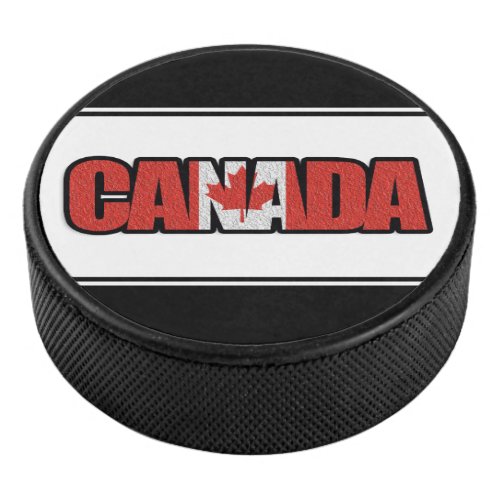 Canada Flag With Maple Leaf In Typographic Text Hockey Puck