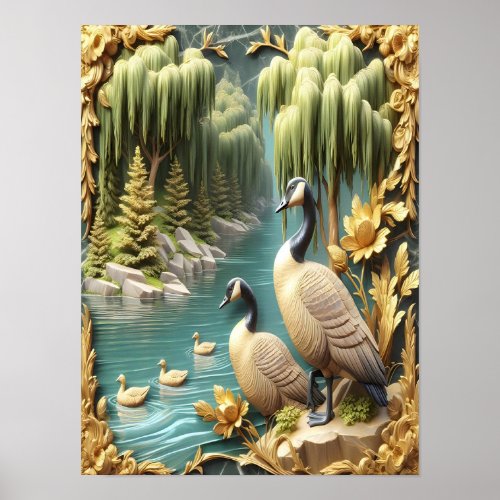 Canada Geese Amidst the Weeping Willows 12x16 Poster