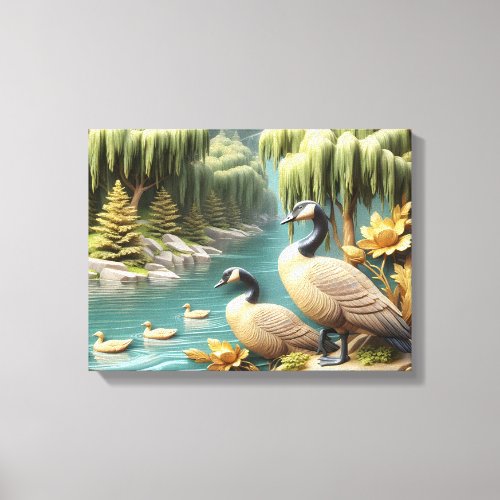 Canada Geese Amidst the Weeping Willows 16x12 Canvas Print