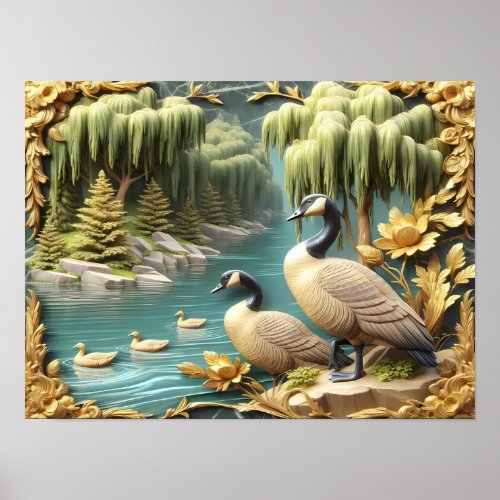 Canada Geese Amidst the Weeping Willows 16x12 Poster