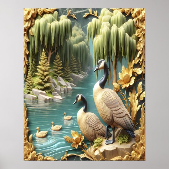 Canada Geese Amidst the Weeping Willows 16x20 Poster (Front)