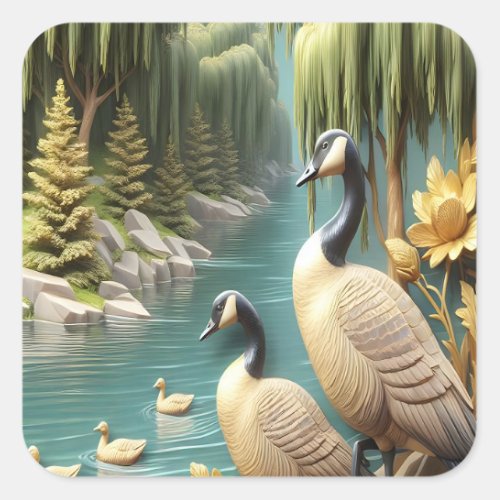Canada Geese Amidst the Weeping Willows 16x20 Square Sticker