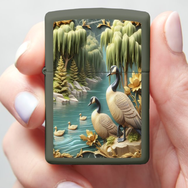 Canada Geese Amidst the Weeping Willows 16x20 Zippo Lighter (In Hand)