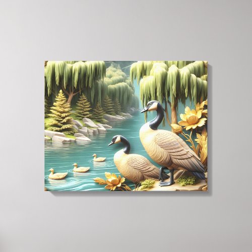 Canada Geese Amidst the Weeping Willows 20x16 Canvas Print