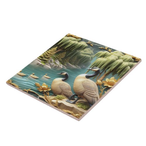 Canada Geese Amidst the Weeping Willows  Ceramic Tile
