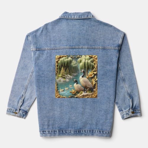 Canada Geese Amidst the Weeping Willows  Denim Jacket