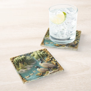 Canada Geese Amidst the Weeping Willows Glass Coaster