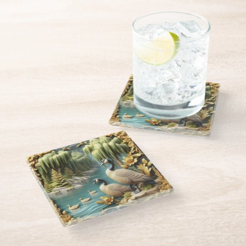 Canada Geese Amidst the Weeping Willows  Glass Coaster