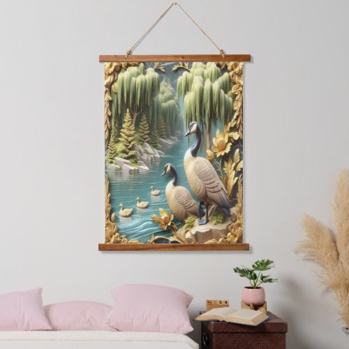 Canada Geese Amidst the Weeping Willows  Hanging Tapestry