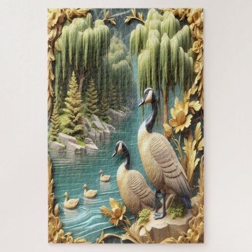 Canada Geese Amidst the Weeping Willows  Jigsaw Puzzle