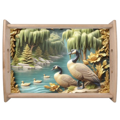 Canada Geese Amidst the Weeping Willows  Serving Tray