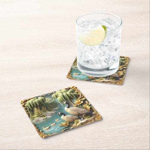Canada Geese Amidst the Weeping Willows  Square Paper Coaster