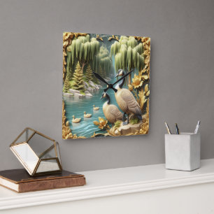 Canada Geese Amidst the Weeping Willows Square Wall Clock
