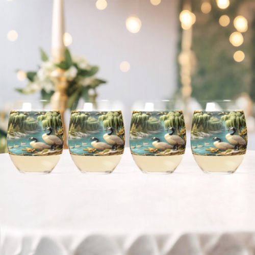 Canada Geese Amidst the Weeping Willows  Stemless Wine Glass