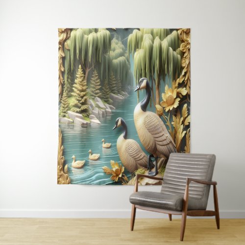 Canada Geese Amidst the Weeping Willows  Tapestry