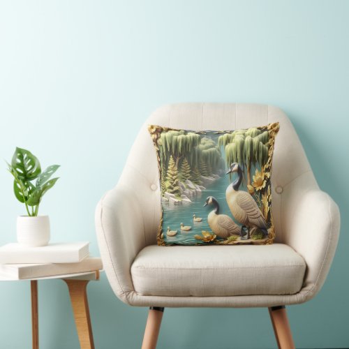 Canada Geese Amidst the Weeping Willows  Throw Pillow