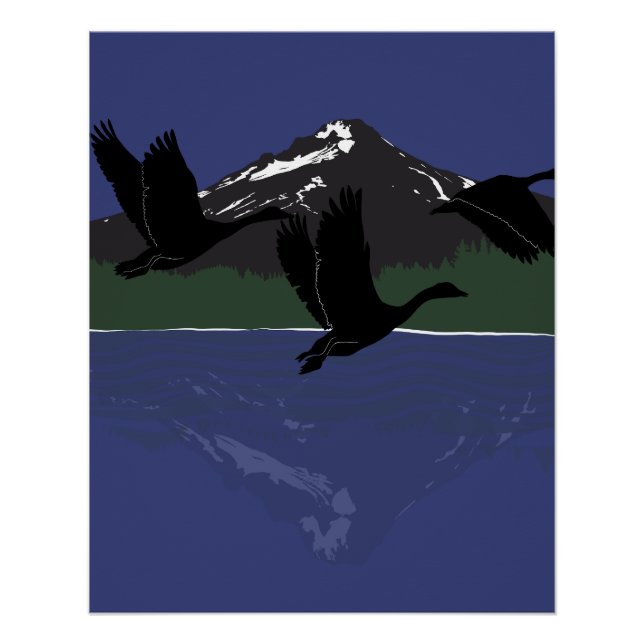 Canada Geese Flying Over Mountain Lake Wilderness Poster (Front)
