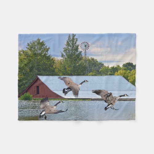 Canada Geese Landing On The Pond Fleece Blanket