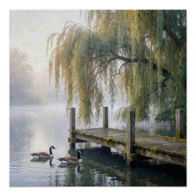 Canada Geese on a Misty Lake with a Dock Poster (Front)