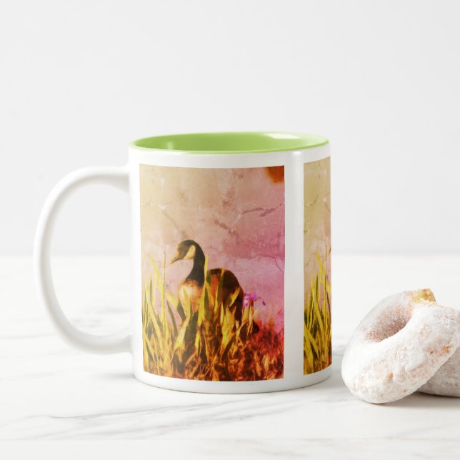 Canada Goose Irises 2 Nature Art    Two-Tone Coffee Mug (With Donut)