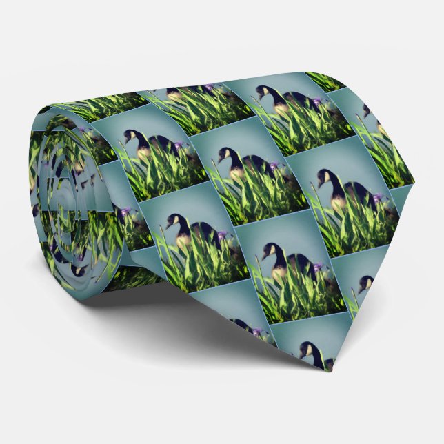 Canada Goose Irises Nature Art Blue Neck Tie (Rolled)