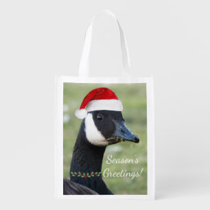 Canada Goose Wearing Red Santa Hat Holiday Grocery Bag