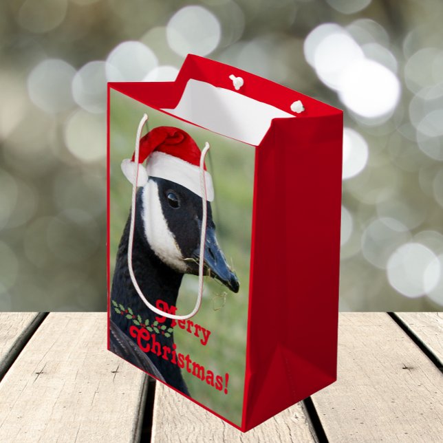 Canada Goose Wearing Red Santa Hat Holiday Medium Gift Bag (In Situ)