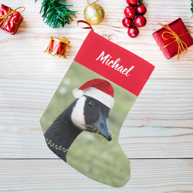 Canada Goose Wearing Red Santa Hat with Name Small Christmas Stocking (In Situ)