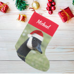Canada Goose Wearing Santa Hat with Name Small Christmas Stocking<br><div class="desc">For the nature lover! Decorate your holiday home with this personalized Christmas stocking that features the whimsical photo image of a Canada Goose wearing a Santa hat and holly berry necklace. Back side of stocking is red. Personalize your stocking by editing name. Select your stocking fabric style.</div>