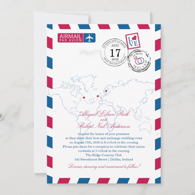 Canada Ireland Sweden Airmail Heart Wedding Invitation (Front)