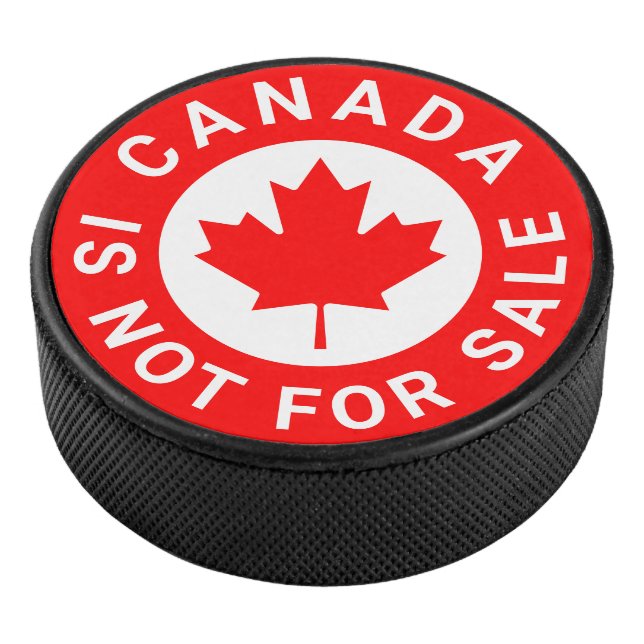 Canada is not for sale typography red maple leaf hockey puck (3/4)