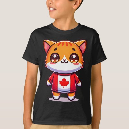 Canada Kids Flag Cute Cat Canada Day Flag Canadian T_Shirt