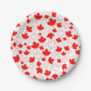 Canada Maple Leaf Red White Random Pattern Paper Plates