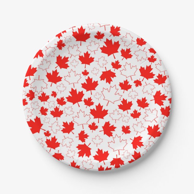 Canada Maple Leaf Red White Random Pattern Paper Plates (Front)